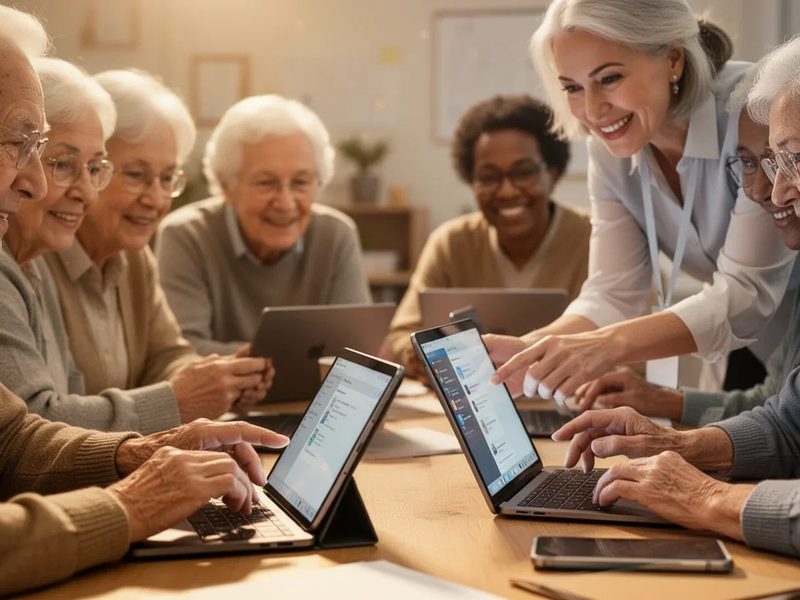 Seniors learning about digital literacy and cybersecurity in a workshop setting, interacting with tablets and laptops. - Foto: über boerse-global.de
