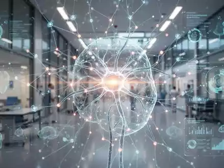 A glowing neural network overlaying a modern German hospital, symbolizing AI and data integration in healthcare. - Foto: über boerse-global.de