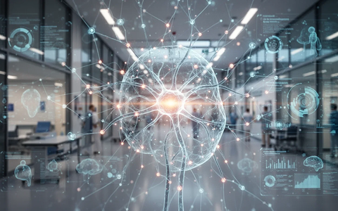 A glowing neural network overlaying a modern German hospital, symbolizing AI and data integration in healthcare. - Foto: über boerse-global.de