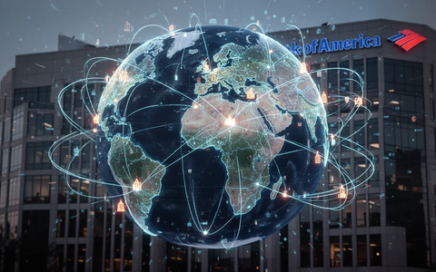 Ein stilisierter Globus mit leuchtenden digitalen Linien, die wichtige Finanzzentren verbinden, vor einem subtilen Hintergrund des Bank of America Gebäudes. - Foto: über boerse-global.de