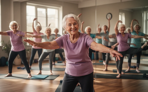 Ältere Frauen nehmen an einem Fitnesskurs teil, machen Dehnübungen und lächeln. - Foto: über boerse-global.de