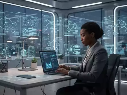 A person working remotely in a modern office, surrounded by glowing holographic interfaces displaying data and workflow. - Foto: über boerse-global.de