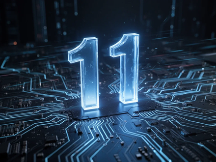 A glowing blue number 11 emerges from a futuristic circuit board, symbolizing fast technology and a system update. - Foto: über boerse-global.de