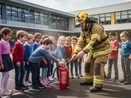 Grundschulkinder lernen Brandschutz von einem Feuerwehrmann. Sie üben mit einem Feuerlöscher auf einem Schulhof. - Foto: über boerse-global.de