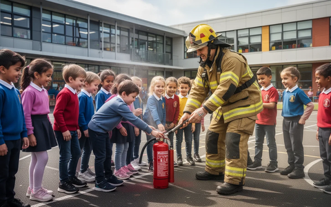 Grundschulkinder lernen Brandschutz von einem Feuerwehrmann. Sie üben mit einem Feuerlöscher auf einem Schulhof. - Foto: über boerse-global.de