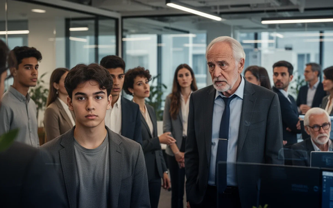 Junge und ältere Kollegen in einem modernen Büro. Ein junger Mitarbeiter blickt neutral, ein älterer Kollege wirkt leicht verwirrt. - Foto: über boerse-global.de