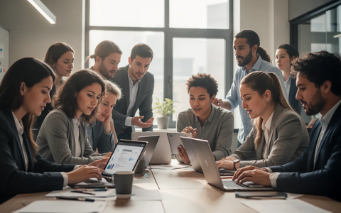 Menschen arbeiten flexibel in einem modernen Büro. Einige schauen auf Bildschirme, andere unterhalten sich, was Zusammenarbeit und Individualität darstellt. - Foto: über boerse-global.de