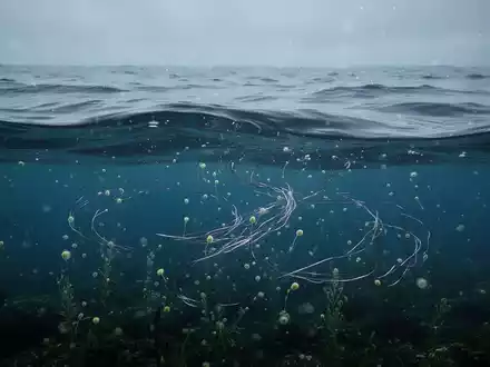 Eine weite, tiefe blaue Meeresoberfläche unter einem dunstigen Himmel, mit feinen atmosphärischen Partikeln. Unterwasser ein empfindliches Ökosystem. - Foto: über boerse-global.de