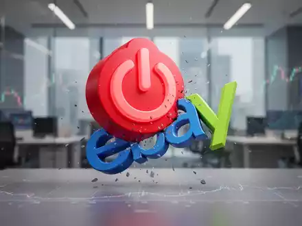 GameStop-Logo zerquetscht eBay-Logo, symbolisiert Übernahme und Restrukturierung. Hintergrund: modernes Büro mit Finanzcharts. - Foto: über boerse-global.de