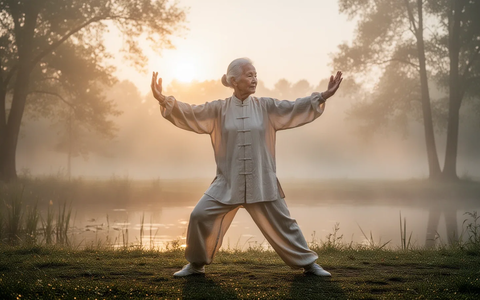 Eine ältere Person praktiziert Tai Chi im Freien bei Sonnenaufgang, mit fließenden Bewegungen in einer ruhigen, nebligen Umgebung. - Foto: über boerse-global.de
