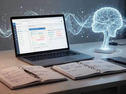 Ein aufgeräumter Schreibtisch mit Laptop, einem Planer und abstrakten Lichteffekten, die Effizienz und Technologie symbolisieren. - Foto: über boerse-global.de