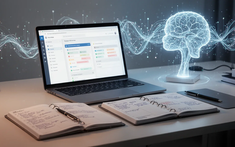 Ein aufgeräumter Schreibtisch mit Laptop, einem Planer und abstrakten Lichteffekten, die Effizienz und Technologie symbolisieren. - Foto: über boerse-global.de