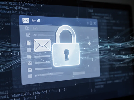 A digital padlock icon superimposed over an email inbox on a screen, with faint code lines, symbolizing email security. - Foto: über boerse-global.de