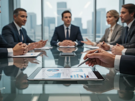 Eine Gruppe von Führungskräften in einem modernen Konferenzraum, die über Finanzdaten diskutieren, mit Fokus auf ein Tablet. - Foto: über boerse-global.de