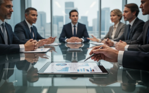 Eine Gruppe von Führungskräften in einem modernen Konferenzraum, die über Finanzdaten diskutieren, mit Fokus auf ein Tablet. - Foto: über boerse-global.de
