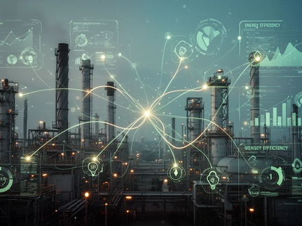Abstrakte Darstellung von Energieeffizienz mit leuchtenden Linien, die industrielle Elemente mit digitalen Datenpunkten verbinden. - Foto: über boerse-global.de