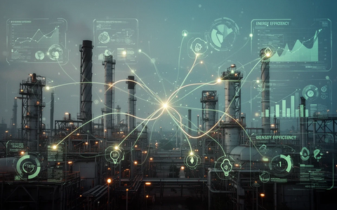 Abstrakte Darstellung von Energieeffizienz mit leuchtenden Linien, die industrielle Elemente mit digitalen Datenpunkten verbinden. - Foto: über boerse-global.de