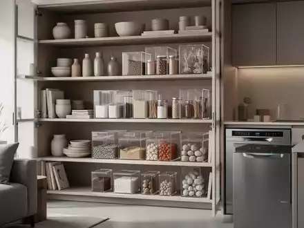 Ein aufgeräumtes, modernes Wohnzimmer mit cleveren Aufbewahrungslösungen und einem minimalistischen Design. - Foto: über boerse-global.de