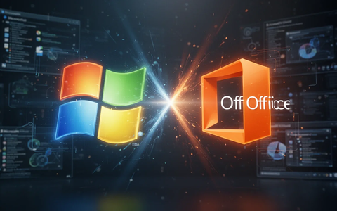 A glowing, stylized Microsoft Windows logo and Microsoft Office logo merging, symbolizing a software bundle. Digital elements in background. - Foto: über boerse-global.de