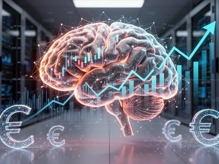 Ein stilisiertes neuronales Netz mit Finanzdiagrammen und Euro-Symbolen vor einem High-Tech-Rechenzentrum, das Rekordfinanzierung darstellt. - Foto: über boerse-global.de