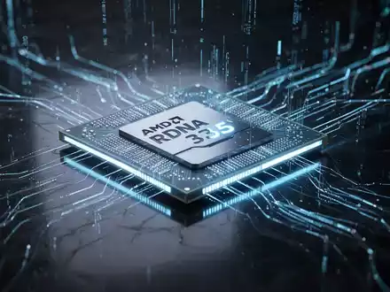 Ein futuristischer AMD RDNA 3.5 Mikrochip leuchtet blau auf einer dunklen Oberfläche mit digitalen Linien. - Foto: über boerse-global.de