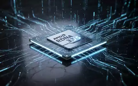 Ein futuristischer AMD RDNA 3.5 Mikrochip leuchtet blau auf einer dunklen Oberfläche mit digitalen Linien. - Foto: über boerse-global.de