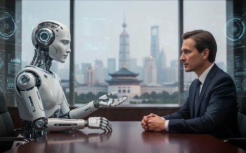 A humanoid robot with a sleek, modern design stands opposite a human executive in a sophisticated conference room. - Foto: über boerse-global.de
