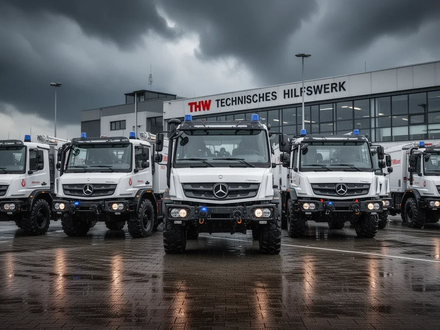 Eine Flotte neuer, robuster Mercedes-Benz Unimog-Lkw des THW, bereit für Hochwasser- und Extremwettereinsätze. - Foto: über boerse-global.de