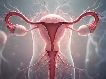 Eine abstrakte Darstellung weiblicher Fortpflanzungsorgane, die von zarten, wurzelartigen Strukturen umgeben sind, symbolisiert Endometriose und Fruchtbarkeitsprobleme. - Foto: über boerse-global.de