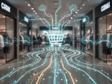 Digital pathways representing customer journeys converge into a shopping cart, with AI neural network elements symbolizing personalization. - Foto: über boerse-global.de