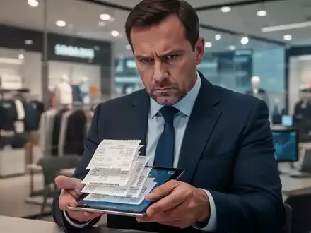 Ein streng blickender Finanzprüfer im Anzug untersucht digitale Quittungen auf einem Tablet, im Hintergrund ein modernes Büro. - Foto: über boerse-global.de