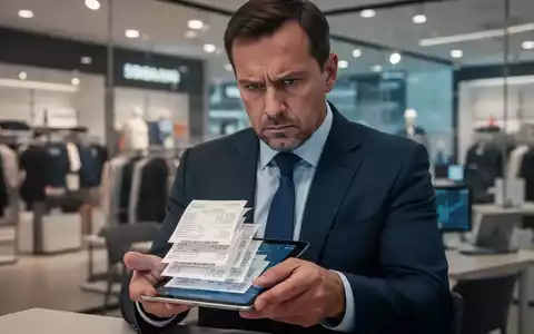 Ein streng blickender Finanzprüfer im Anzug untersucht digitale Quittungen auf einem Tablet, im Hintergrund ein modernes Büro. - Foto: über boerse-global.de