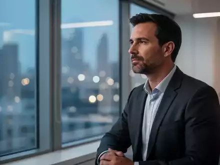 Ein nachdenklicher Unternehmer blickt aus einem Fenster in einem modernen Büro, symbolisiert finanzielle Entscheidungen. - Foto: über boerse-global.de