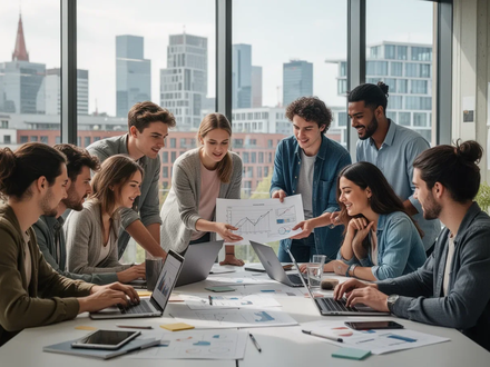 Junge Unternehmer arbeiten in einem modernen Co-Working-Space. Eine Stadtkulisse ist im Hintergrund durch große Fenster sichtbar. - Foto: über boerse-global.de