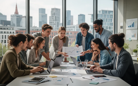 Junge Unternehmer arbeiten in einem modernen Co-Working-Space. Eine Stadtkulisse ist im Hintergrund durch große Fenster sichtbar. - Foto: über boerse-global.de