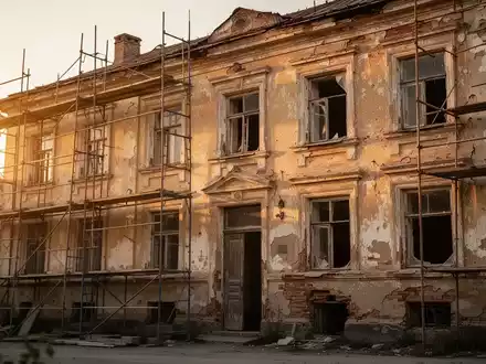Eine baufällige Gebäudefassade mit sichtbarem Baugerüst, beleuchtet von warmem Abendlicht, symbolisiert Sanierung und steuerliche Anreize. - Foto: über boerse-global.de