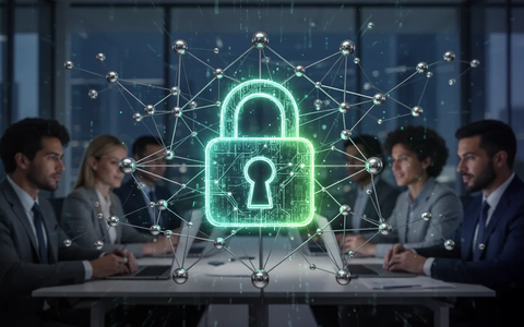 Ein leuchtendes digitales Vorhängeschloss über einem Netzwerk von verbundenen Knoten, das SSO-Sicherheit und ein Büro darstellt. - Foto: über boerse-global.de