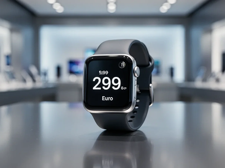 Eine Apple Watch Series 11 auf einem minimalistischen, reflektierenden Untergrund, mit einer digitalen Preisanzeige von 299 Euro. - Foto: über boerse-global.de