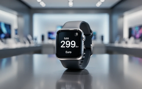 Eine Apple Watch Series 11 auf einem minimalistischen, reflektierenden Untergrund, mit einer digitalen Preisanzeige von 299 Euro. - Foto: über boerse-global.de