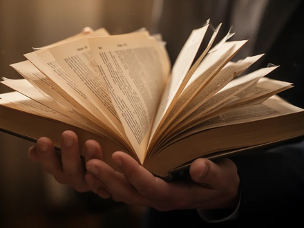 Hände halten ein offenes physisches Buch, weiches Licht fällt auf die Seiten. Der Hintergrund ist unscharf. - Foto: über boerse-global.de