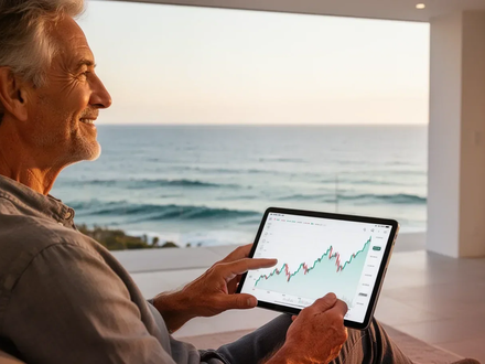 Eine Person in ihren 40ern blickt auf eine ruhige Meereslandschaft und symbolisiert frühe finanzielle Freiheit und Ruhestand. - Foto: über boerse-global.de