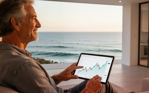 Eine Person in ihren 40ern blickt auf eine ruhige Meereslandschaft und symbolisiert frühe finanzielle Freiheit und Ruhestand. - Foto: über boerse-global.de