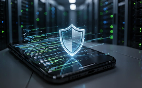 Ein Smartphone-Bildschirm mit schützendem Schildsymbol und Codezeilen, im Hintergrund ein unscharfer Serverraum mit Lichtern. - Foto: über boerse-global.de