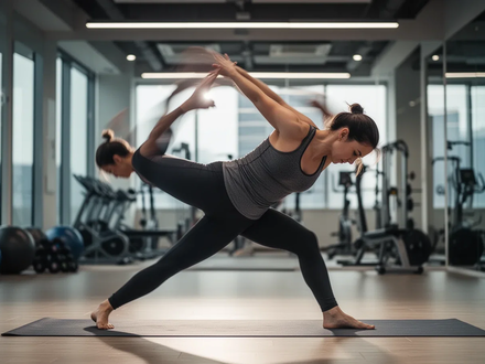 Eine Person dehnt sich in einer dynamischen Yoga- oder Pilates-Pose in einem hellen Fitnessstudio. Fokus auf Flexibilität und Muskulatur. - Foto: über boerse-global.de