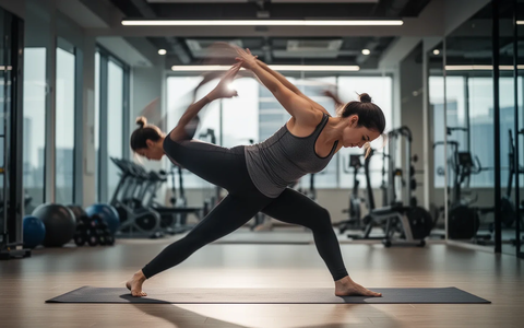Eine Person dehnt sich in einer dynamischen Yoga- oder Pilates-Pose in einem hellen Fitnessstudio. Fokus auf Flexibilität und Muskulatur. - Foto: über boerse-global.de