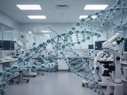 Digitalisierte DNA-Stränge verschmelzen mit medizinischen Geräten in einem Labor, symbolisch für eine Übernahme im Gesundheitswesen. - Foto: über boerse-global.de