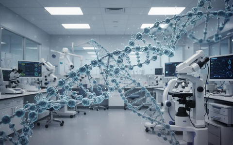 Digitalisierte DNA-Stränge verschmelzen mit medizinischen Geräten in einem Labor, symbolisch für eine Übernahme im Gesundheitswesen. - Foto: über boerse-global.de
