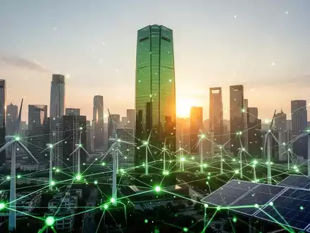 Eine moderne Skyline im Morgengrauen mit einem grünen Hochhaus und einer digitalen Netzwerkgrafik, die grüne Infrastruktur verbindet. - Foto: über boerse-global.de
