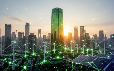 Eine moderne Skyline im Morgengrauen mit einem grünen Hochhaus und einer digitalen Netzwerkgrafik, die grüne Infrastruktur verbindet. - Foto: über boerse-global.de