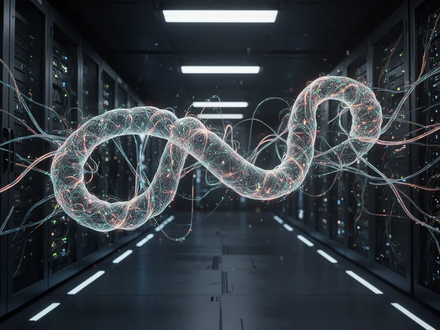 An abstract, glowing digital worm depicted as a complex web of light trails moving through a dark, futuristic server room. - Foto: über boerse-global.de
